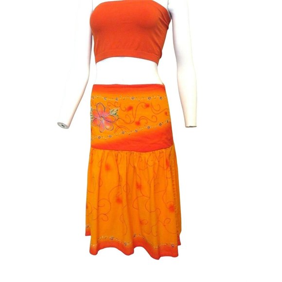 Madrid Hand Painted Drop Waist Skirt M Orange Gathered Knee Length Festival Mod - Picture 12 of 12